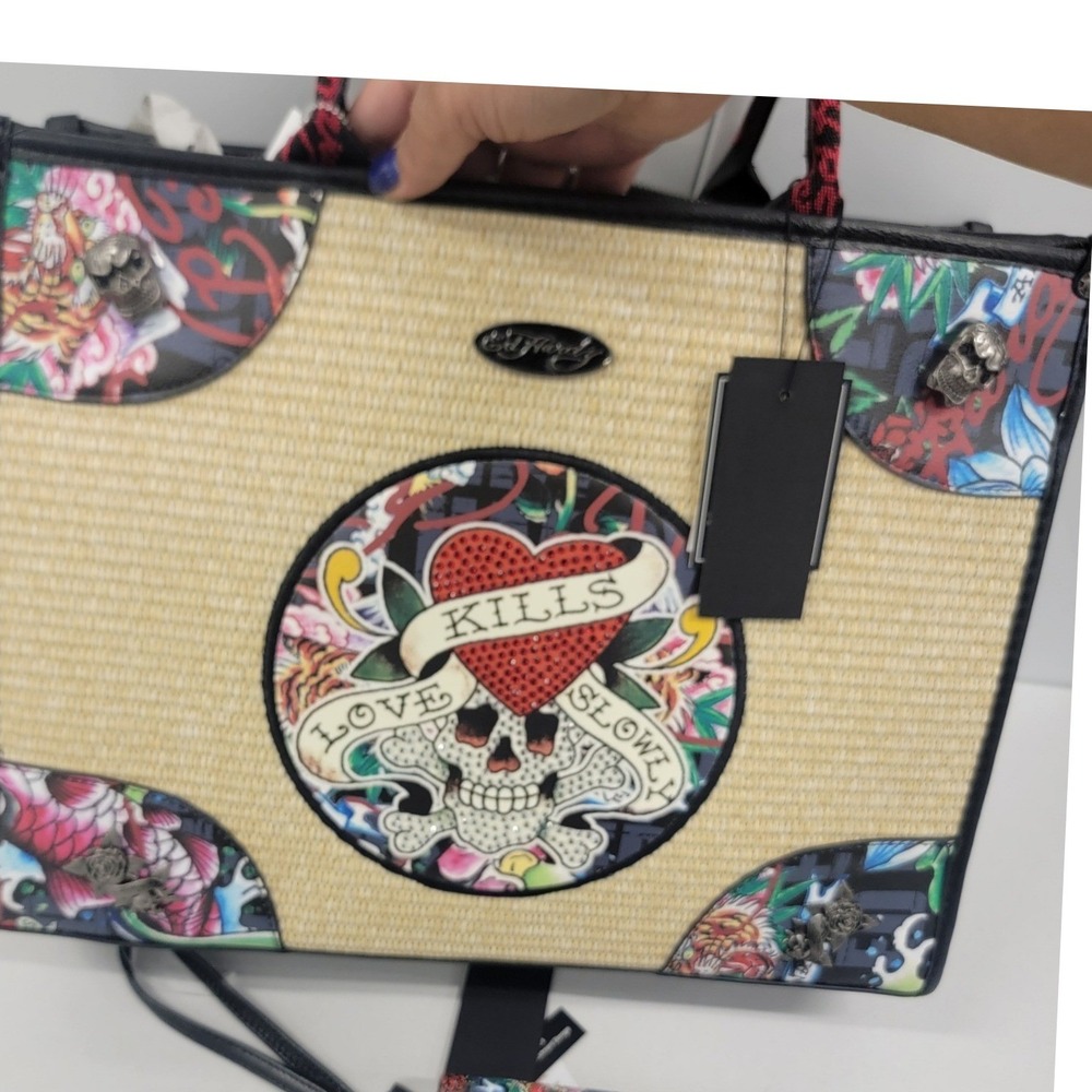NEW Ed Hardy Love Kills Slowly Tattoo Woven‎ Large Tote Crossbody Bag